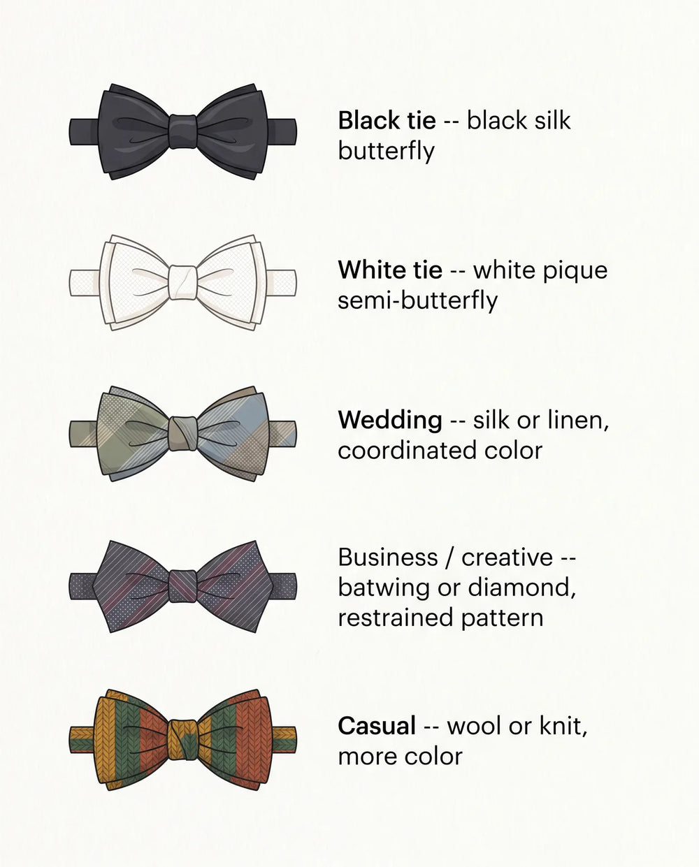 Bow tie occasion guide for black tie, white tie, wedding, business, and casual