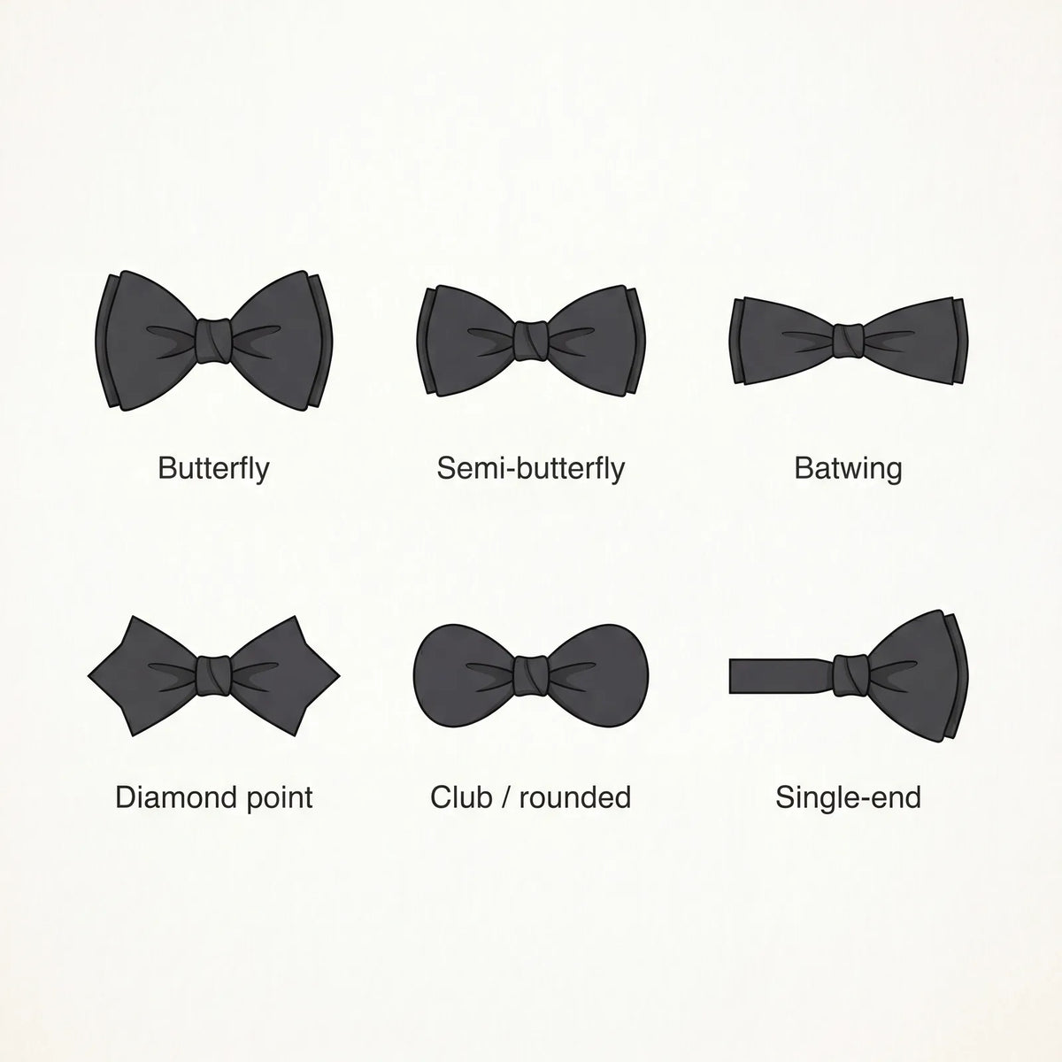 Bow tie shapes compared: butterfly, semi-butterfly, batwing, diamond point, club, and single-end