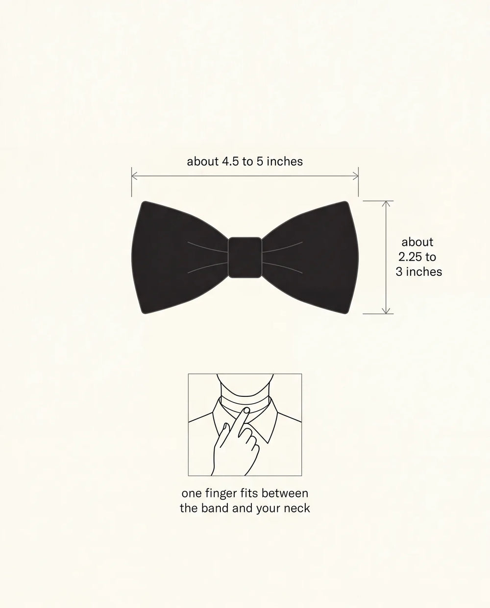 Bow tie sizing diagram showing spread width, height, and the one finger fit test