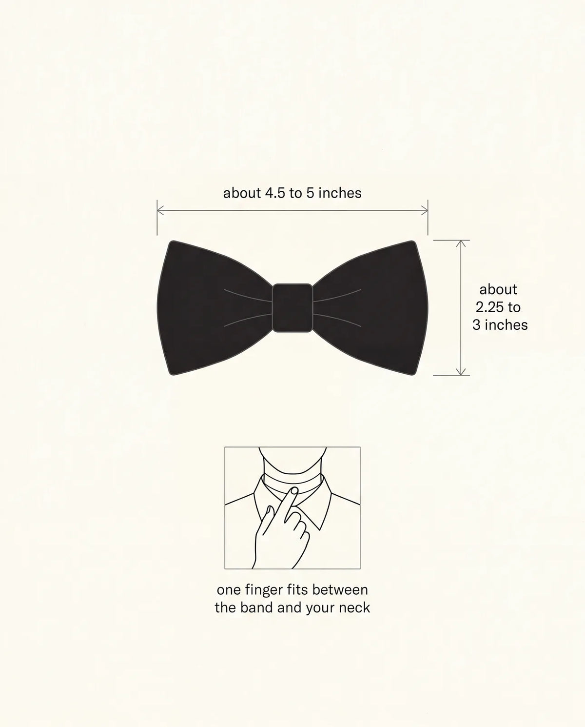 Bow tie sizing diagram showing spread width, height, and the one finger fit test
