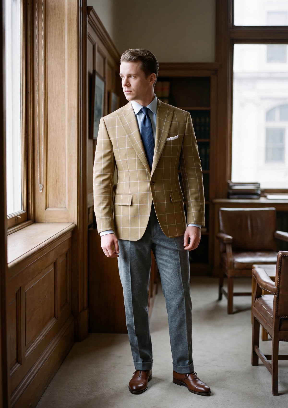 Bowery Gold Windowpane Jacket worn by a model, bank office window602