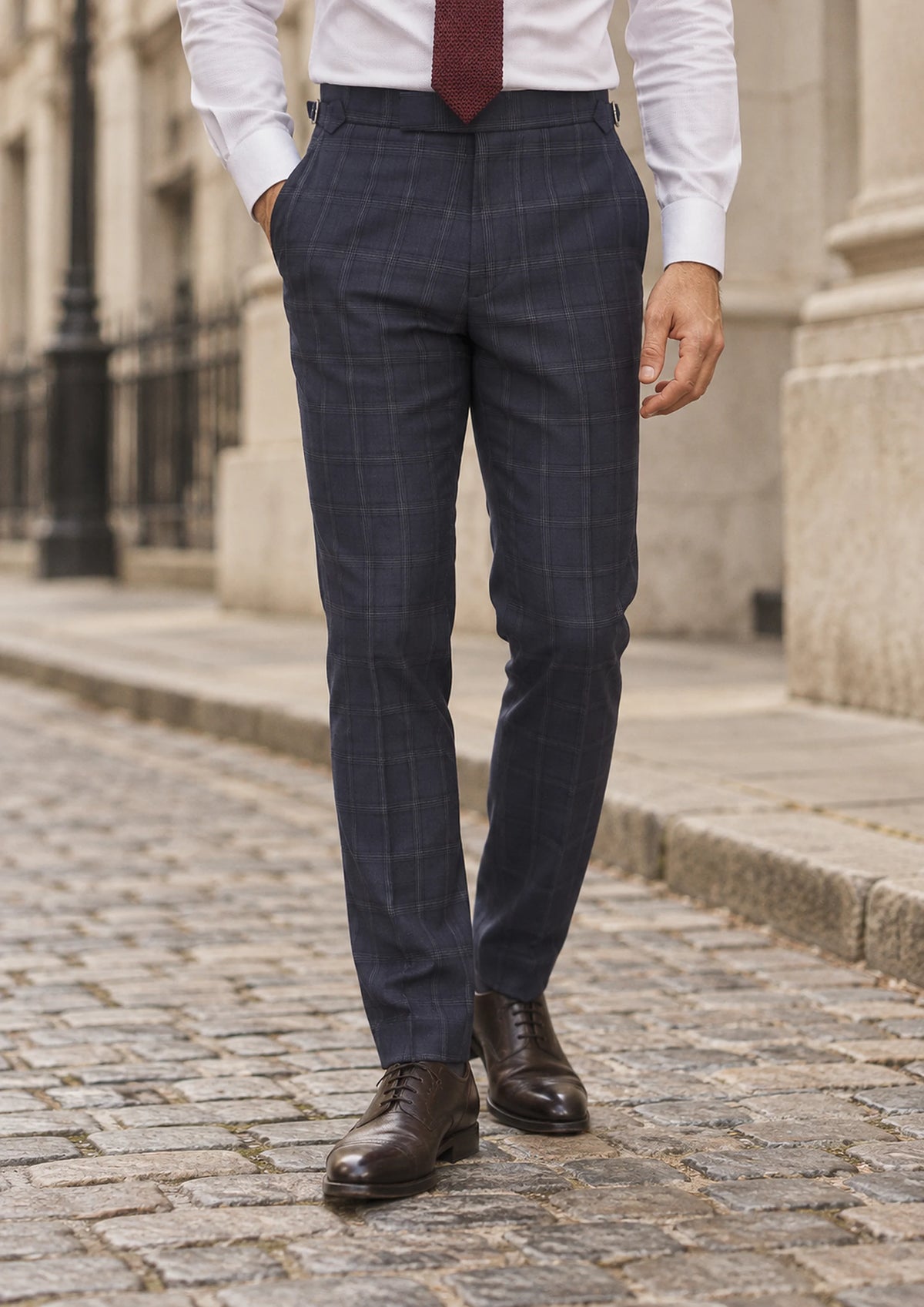 British Navy Checked Pants worn by a model, financial district street939
