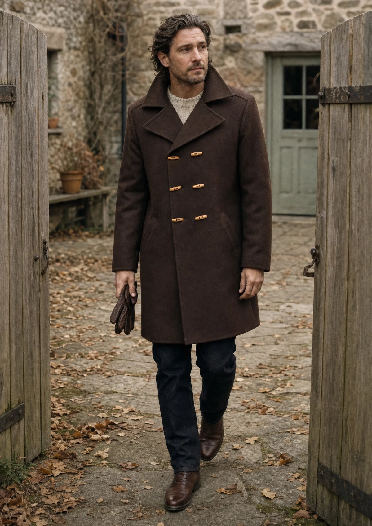 Brown Wool Signature Peacoat worn over a casual outfit in a lifestyle setting280