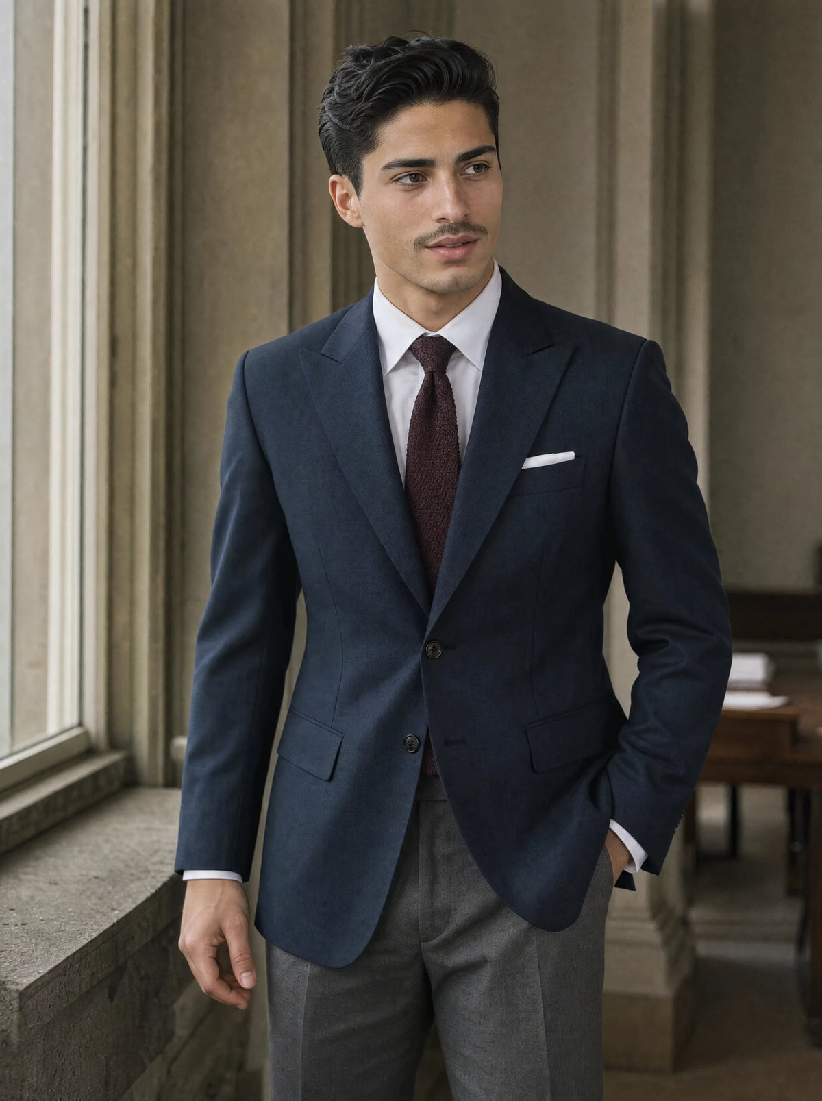 Aegean Blue Sharkskin Jacket worn by a model, bank office window862