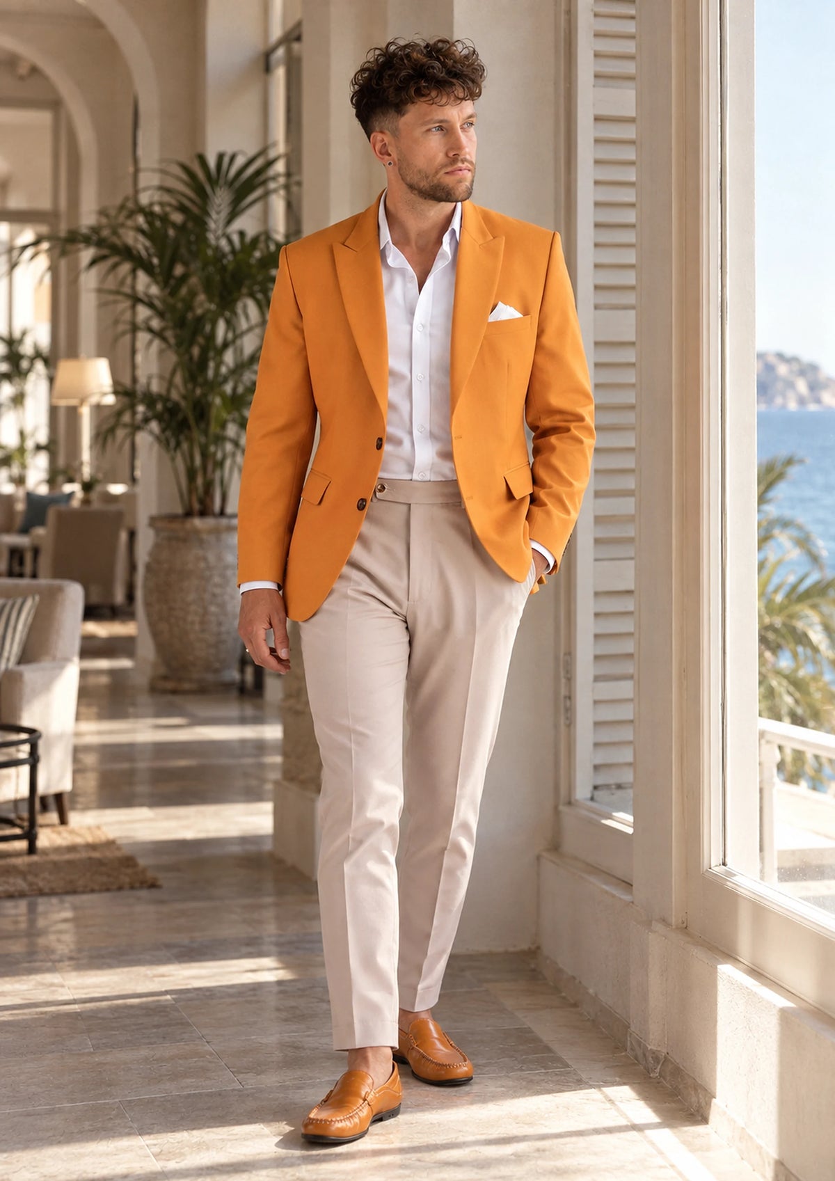 Baby Mustard Stretch Jacket worn by a model, coastal hotel lobby976