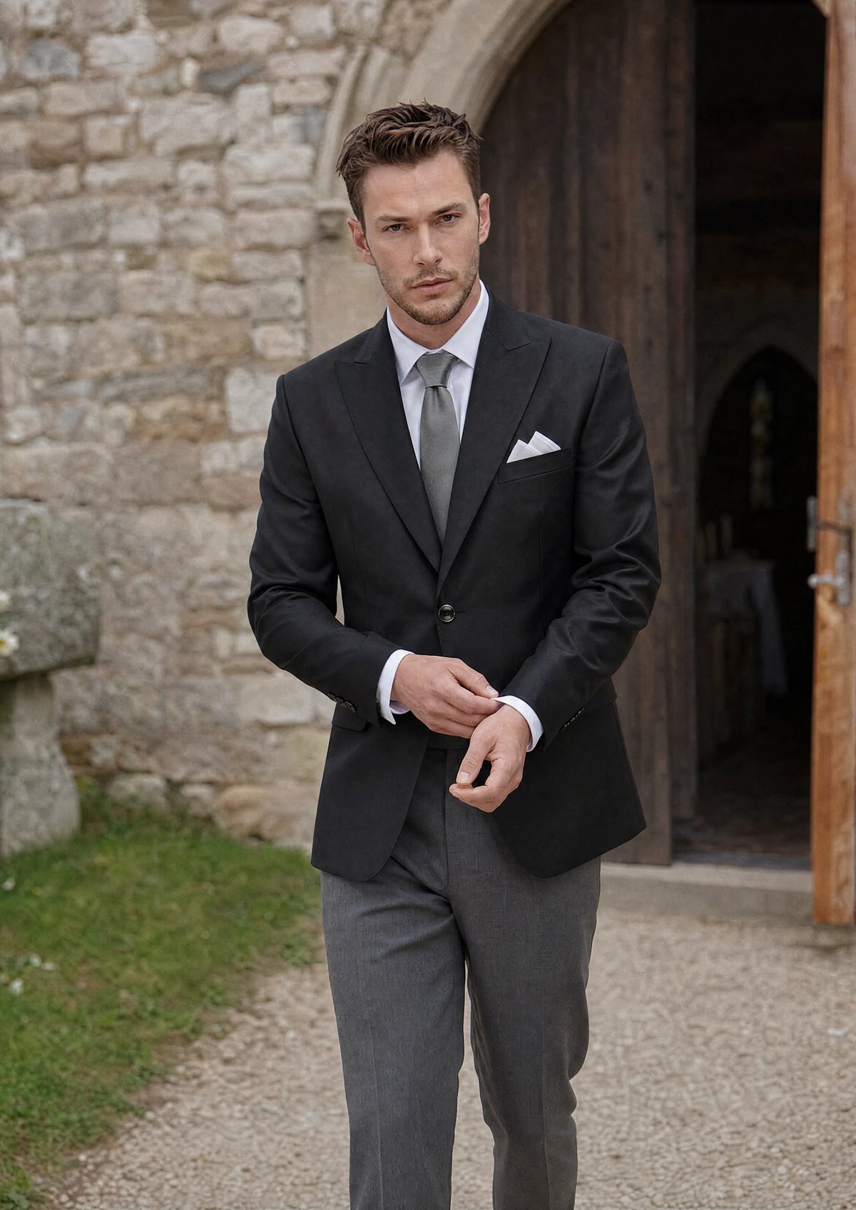 Bryant Black Sharkskin Jacket worn by a model, chapel doorway62