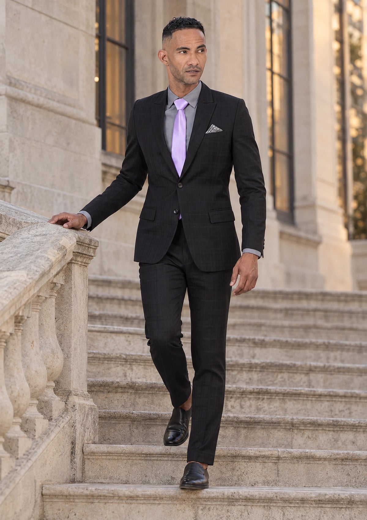 Bryant Black Check Jacket worn by a model, embassy staircase83