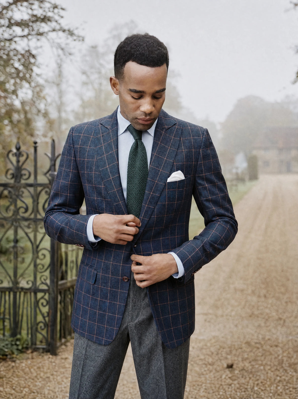 Spruce Blue Flannel Windowpane Jacket worn by a model, estate gravel drive983
