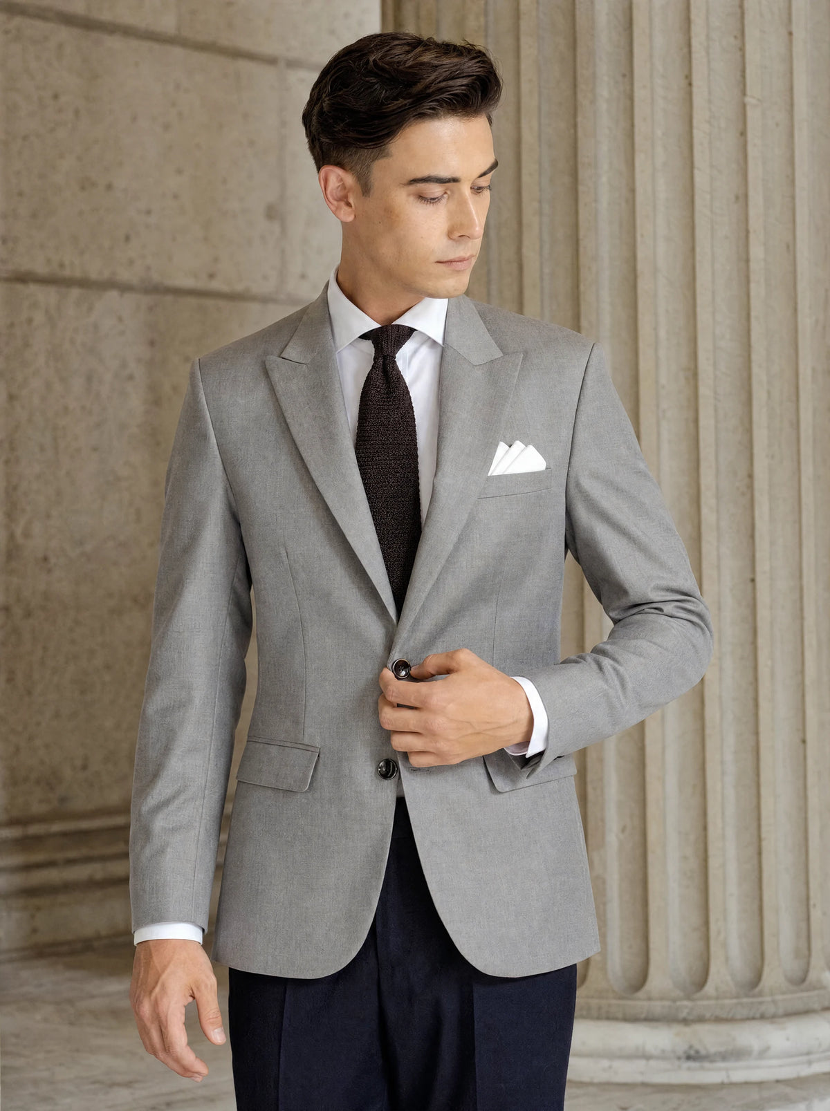 Light Grey Twill Jacket worn by a model, courthouse portico79