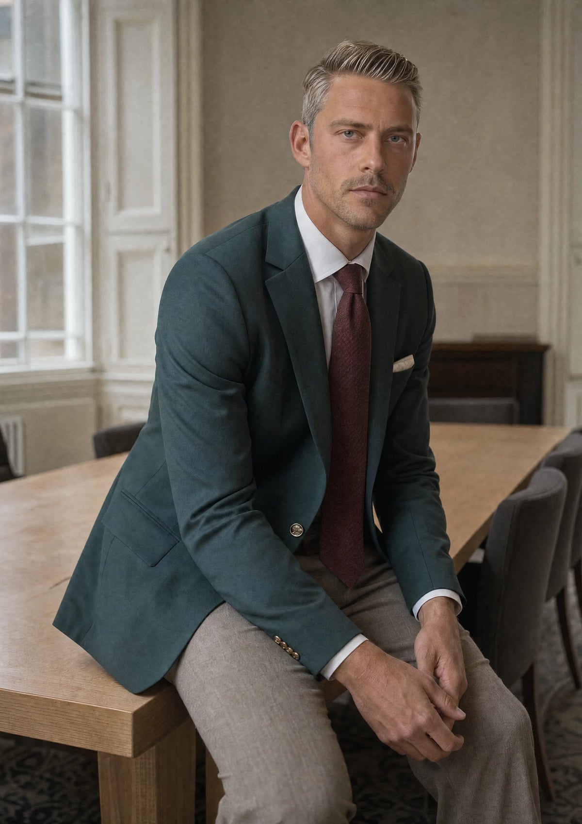 Vintage Green Twill Jacket worn by a model, law firm boardroom939