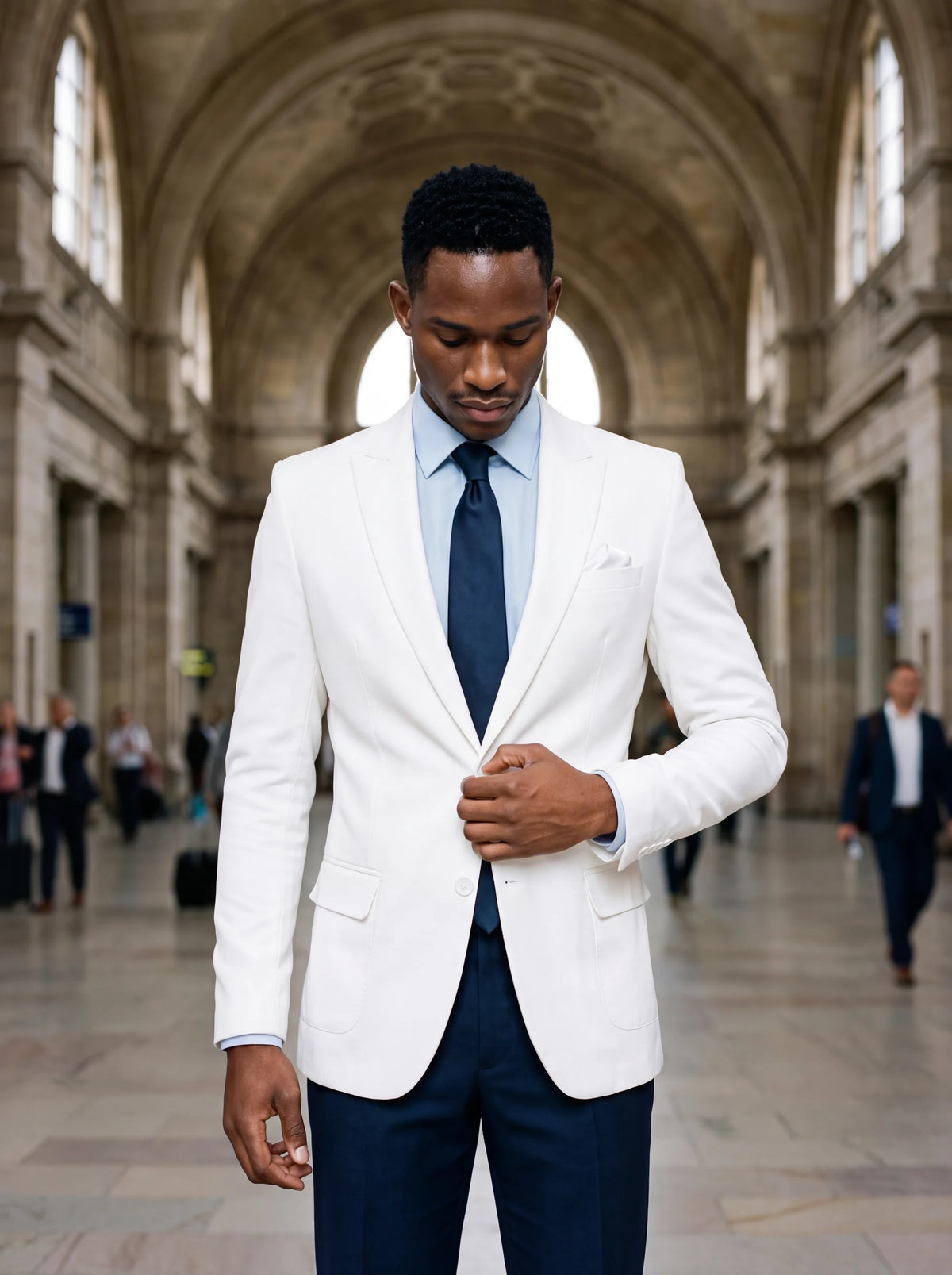 Bryant White Twill Jacket worn by a model, railway station concourse276
