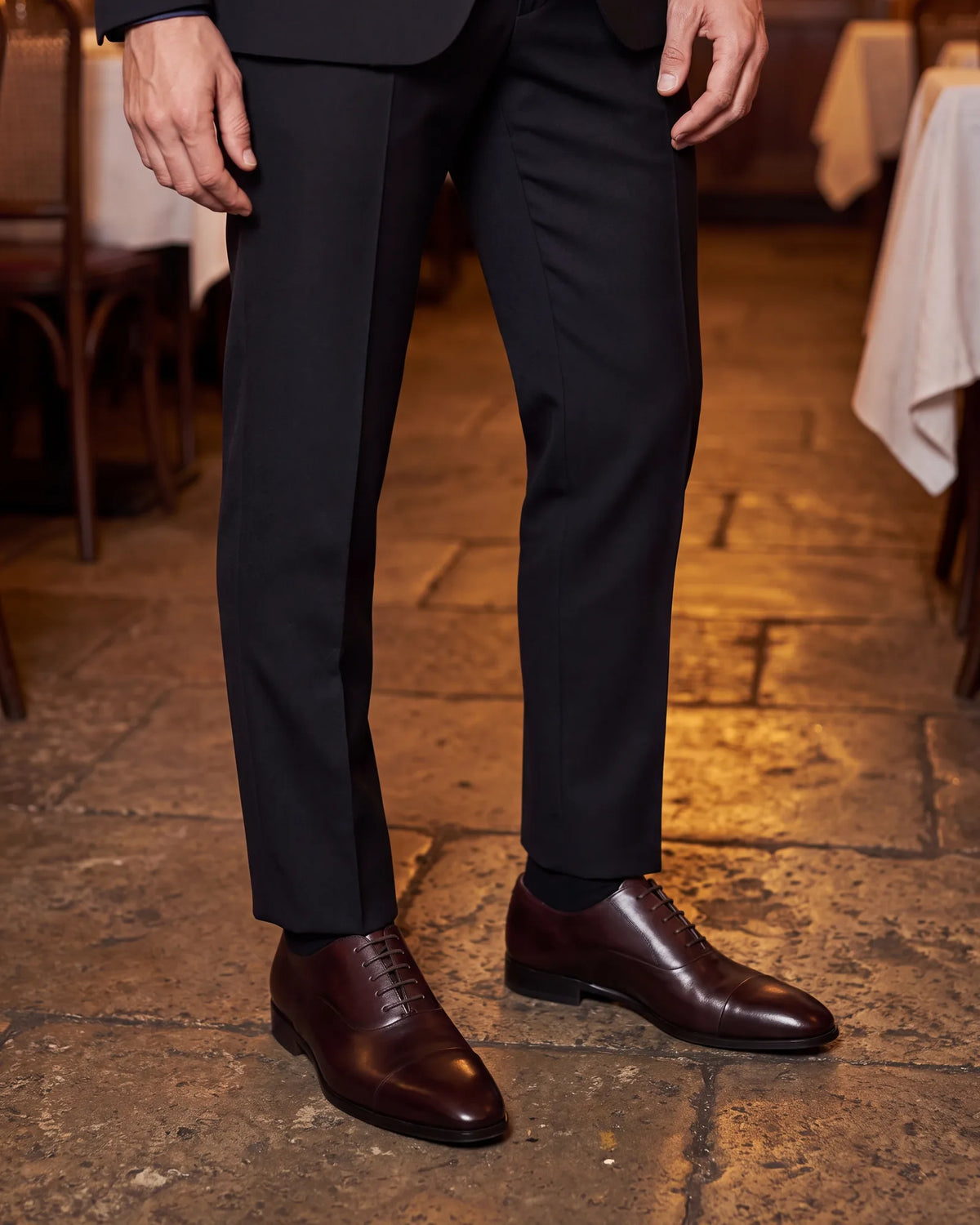 Dressing for a work dinner? Oxblood is acceptable there, but keep black shoes for anything formal.