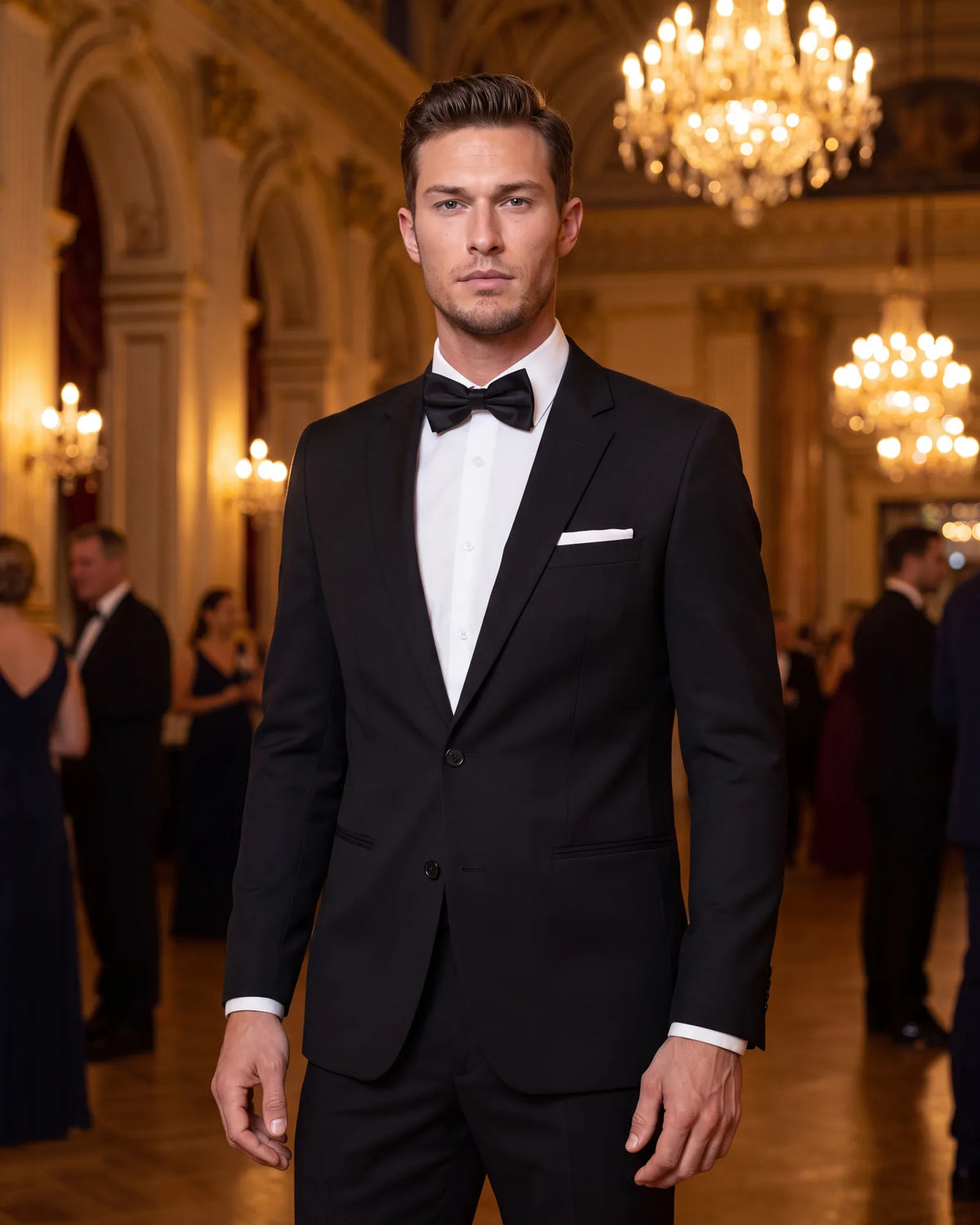 No tuxedo for a black tie optional event? A plain black suit with a black bow tie gets you closest.