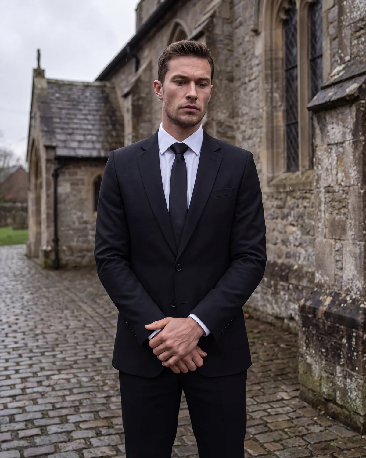 At a funeral, keep every piece quiet: plain tie, no sheen, and no pocket square or a flat white one.