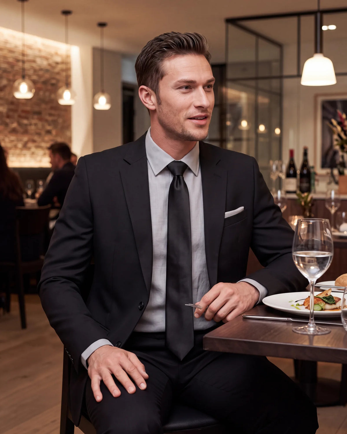 Want less contrast at dinner? Swap the white shirt for pale gray and keep the tie black.