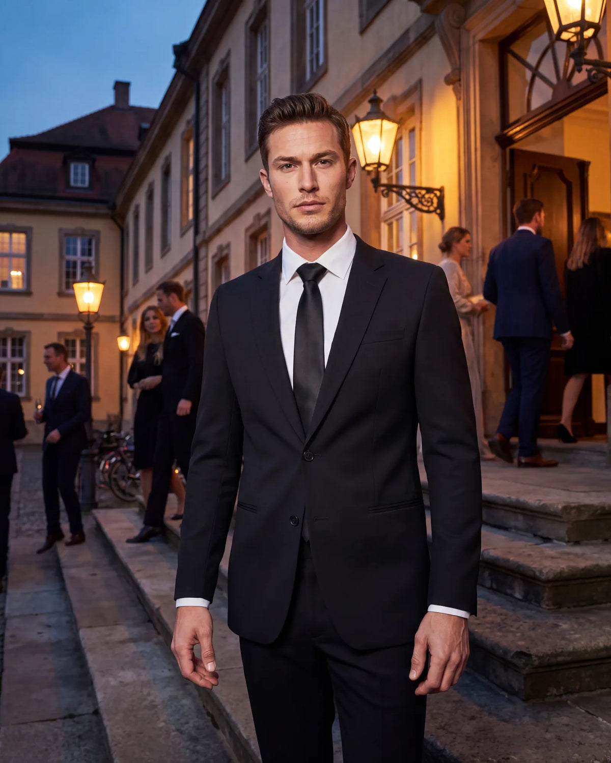 For a formal evening ceremony, keep it simple: white shirt, black tie, and a suit with no pattern.