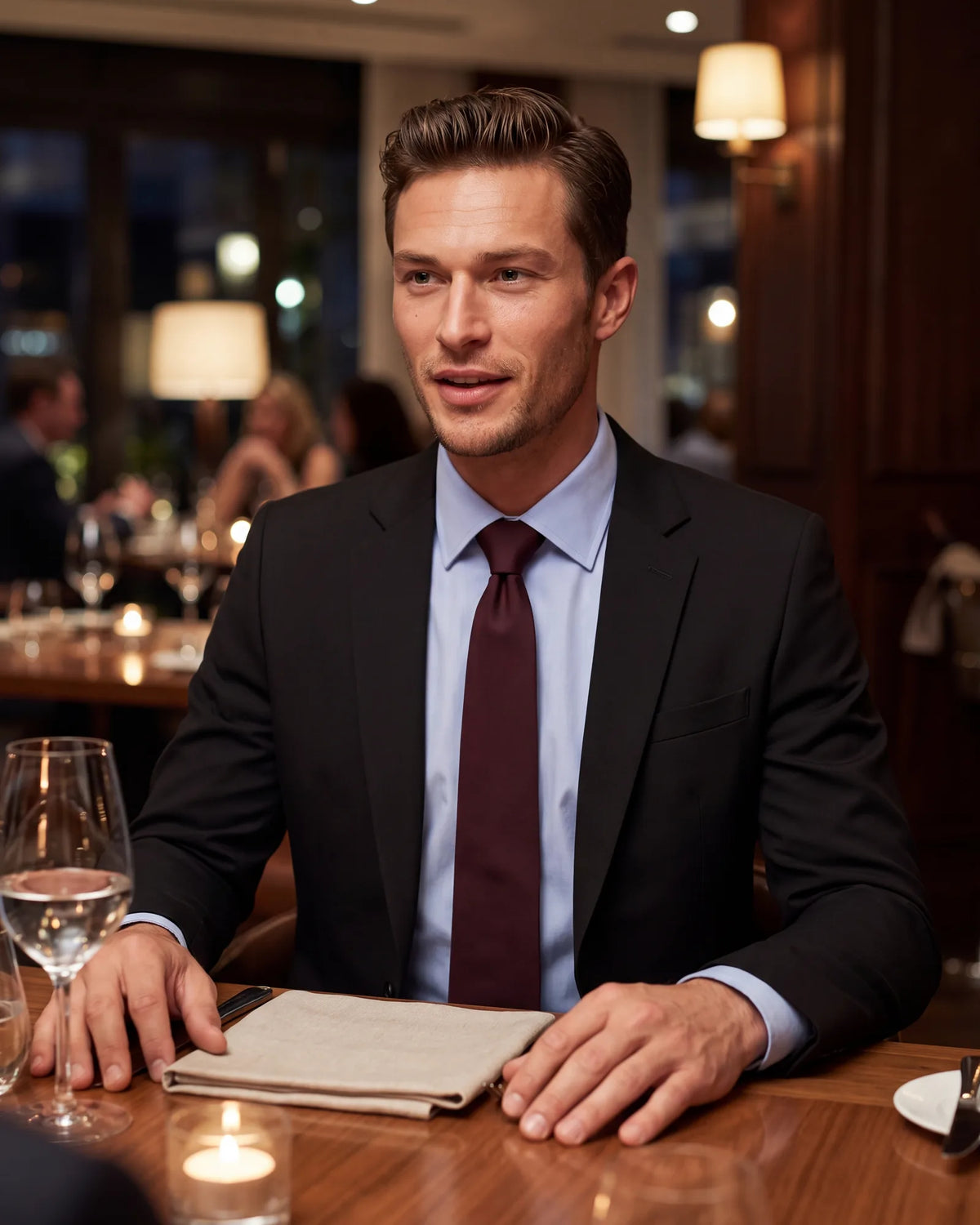 Dinner with a client after work? Light blue softens the black suit, and burgundy is one of the two ties that suit it.