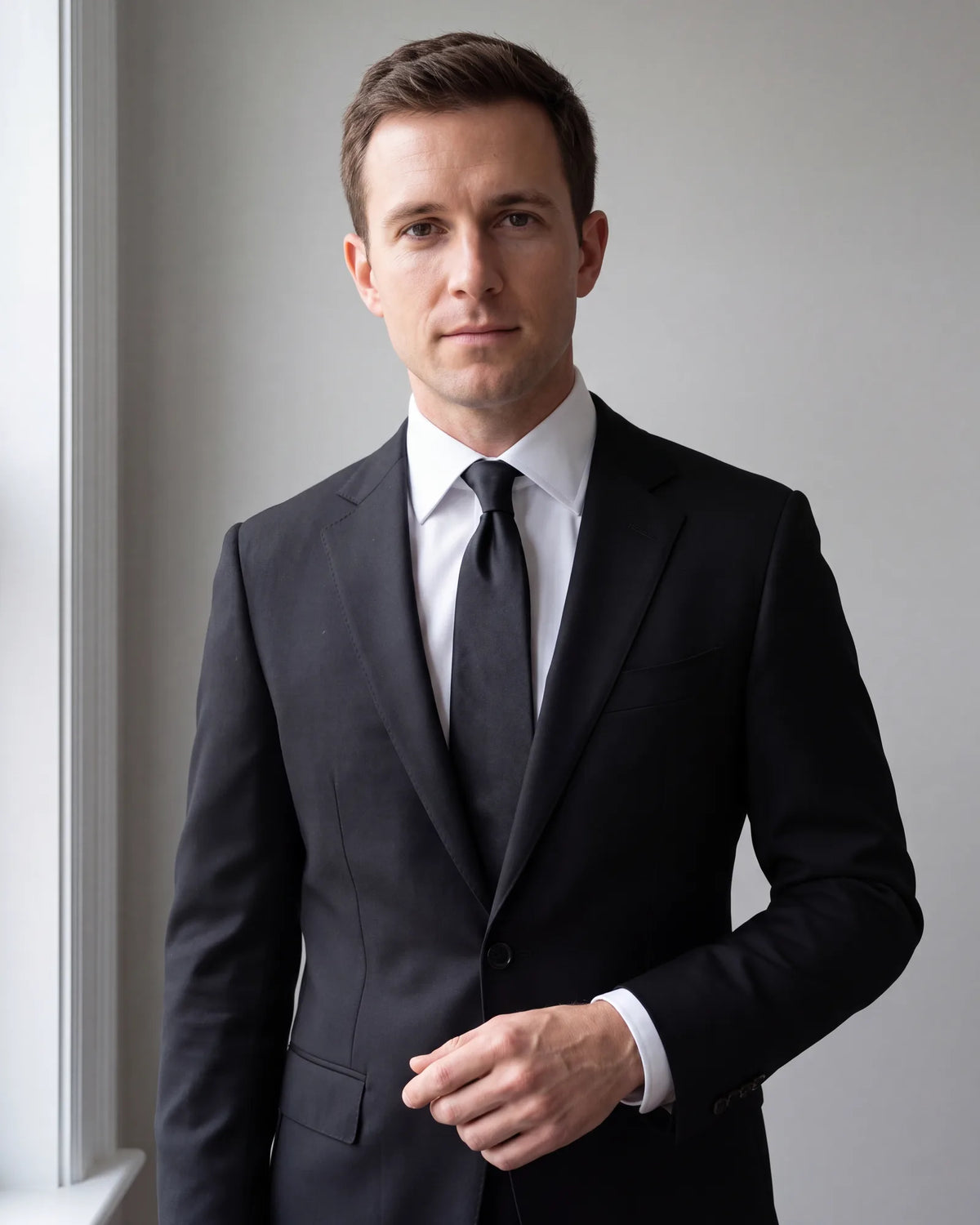 Not sure which shirt to wear? White gives the most contrast, and a pressed collar keeps the look crisp.