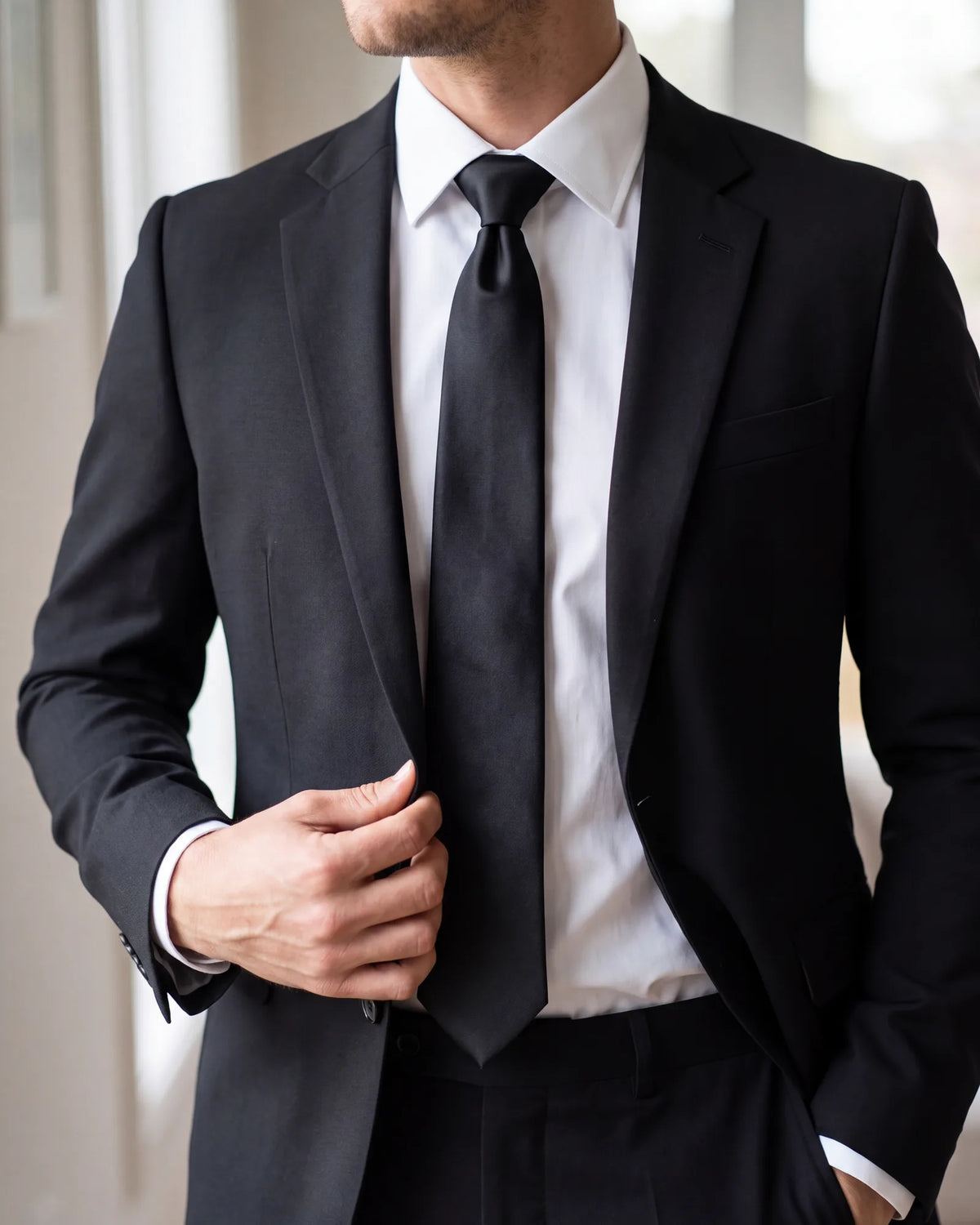 Dressing for the most formal end of the range? Choose a solid black silk tie and keep the shirt white.