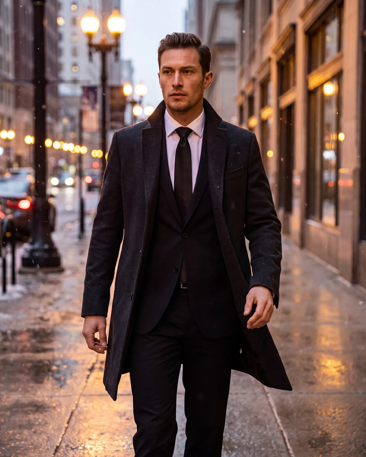 Wearing black in winter? The season and the heavier cloth both work in its favor.