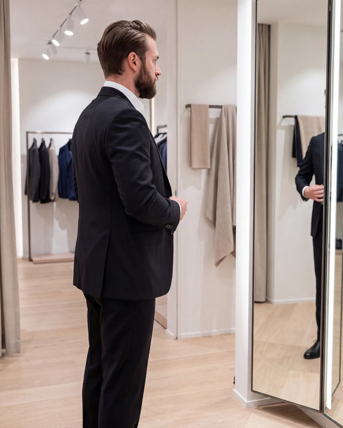 Check the fit in a mirror before the event. On black, a pulling line or a tight shoulder is easy to see.
