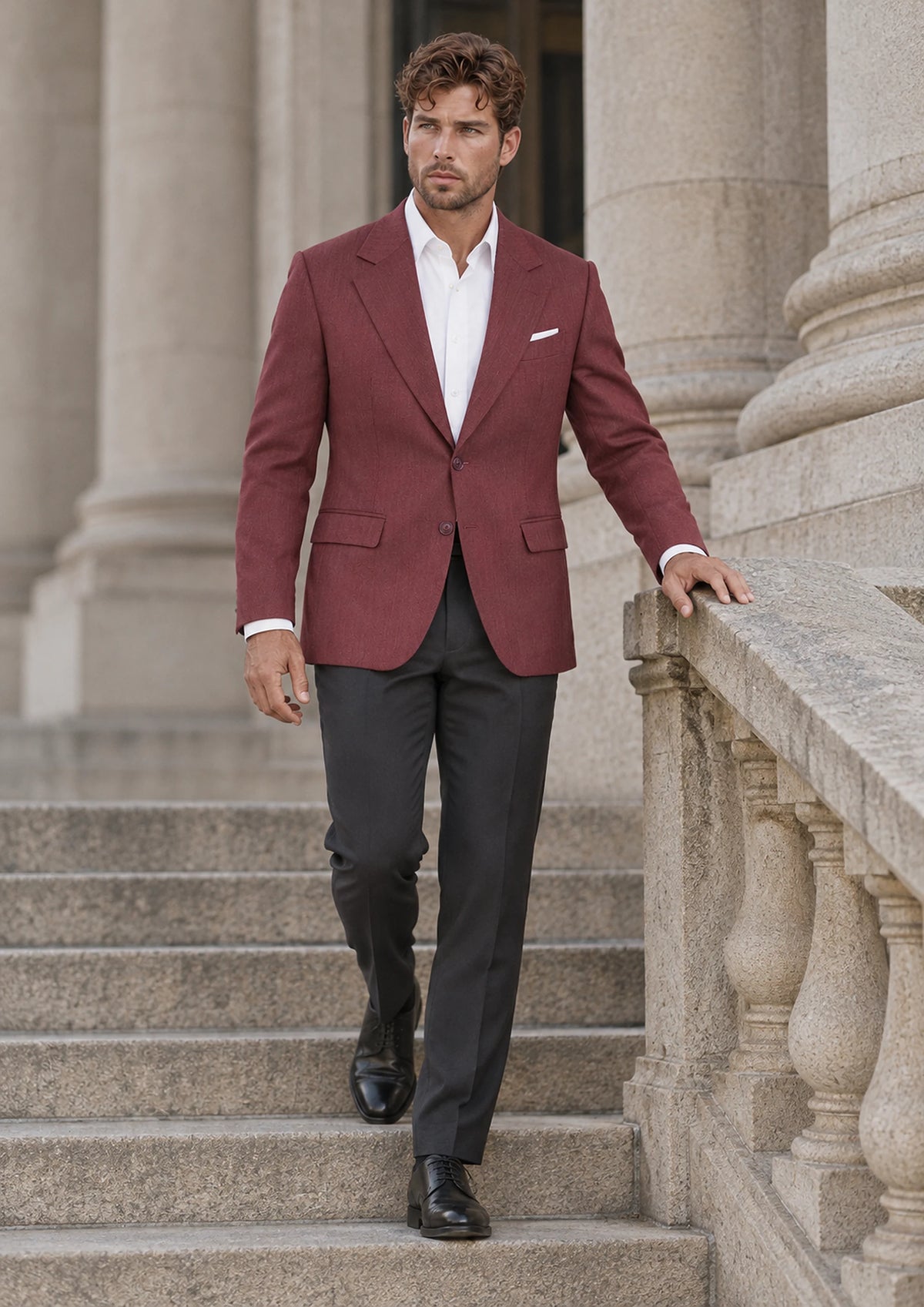 Burgundy Herringbone Jacket worn by a model, courthouse portico704