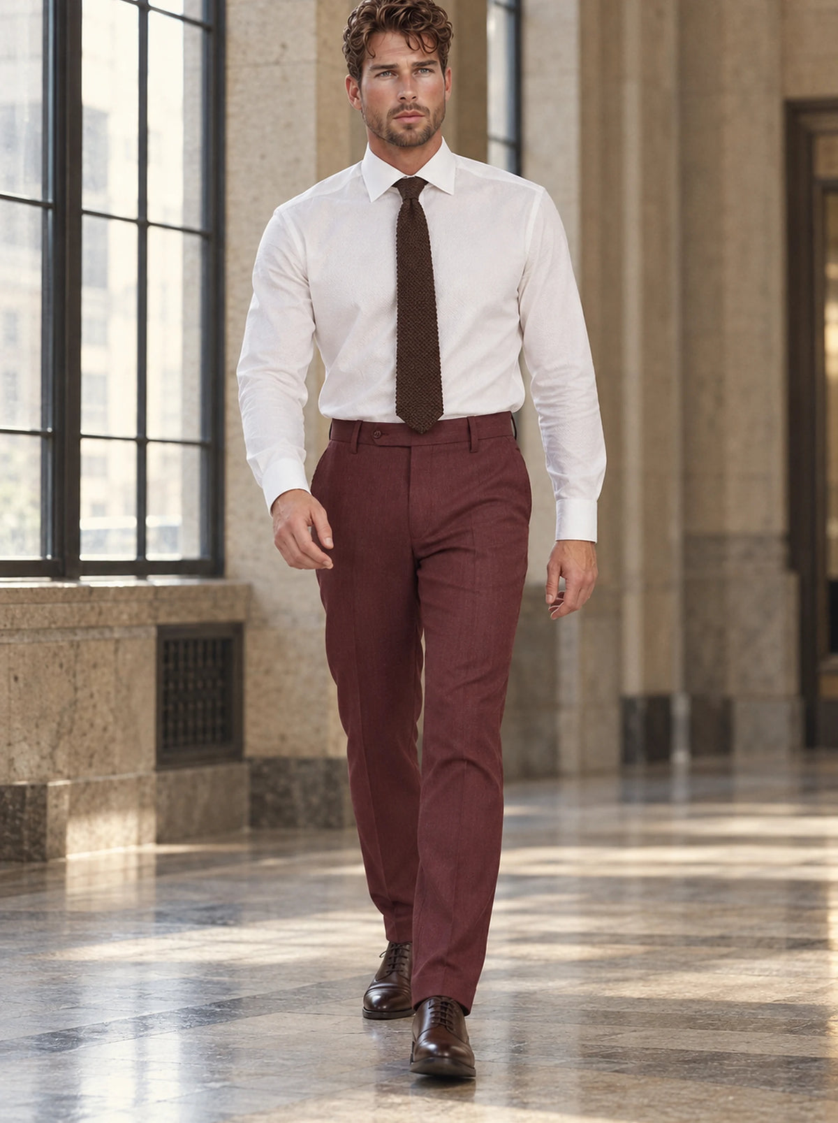 Burgundy Herringbone Pants worn by a model, office lobby 1930s251