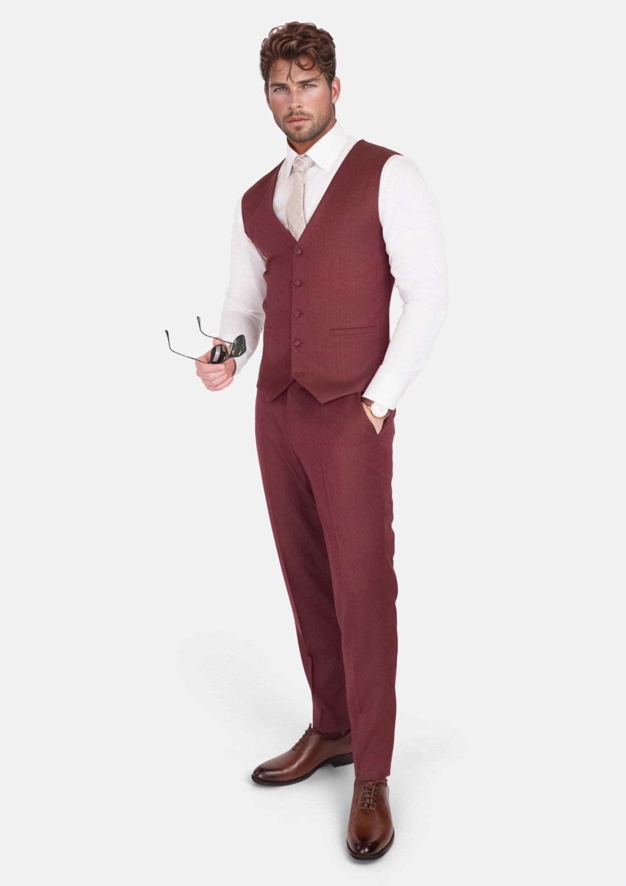 Burgundy Herringbone Vest - SARTORO
