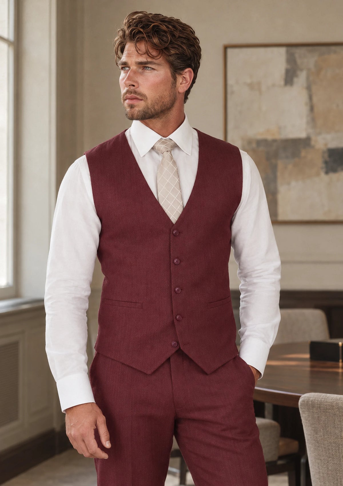 Burgundy Herringbone Vest worn by a model, private bank meeting room560