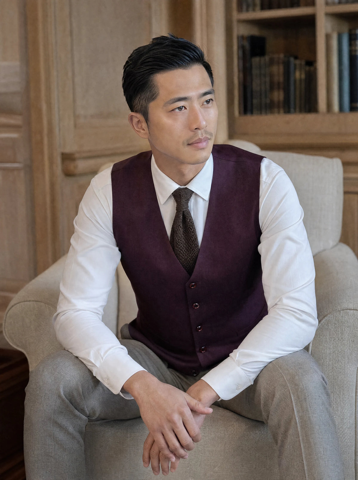Burgundy Sharkskin Vest worn by a model, club reading room517