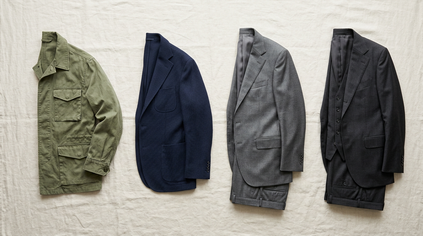Four jackets arranged left to right from casual to business formal on cream surface
