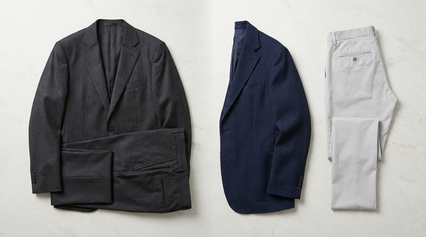Matched charcoal suit pair on left, mismatched navy blazer and grey chinos on right