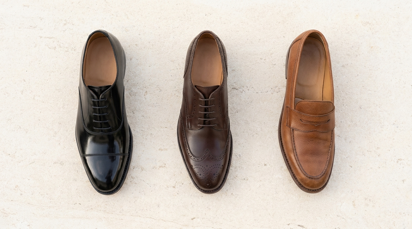 Black Oxford, brown Derby, and tan loafer arranged by formality on cream background