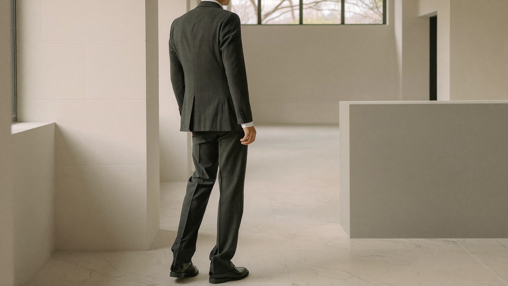 Man in charcoal suit seen from behind in clean architectural corridor