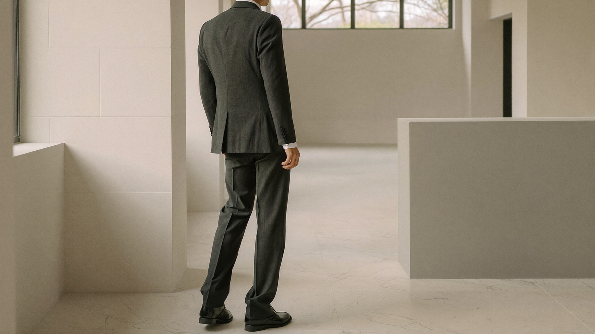 Man in charcoal suit seen from behind in clean architectural corridor