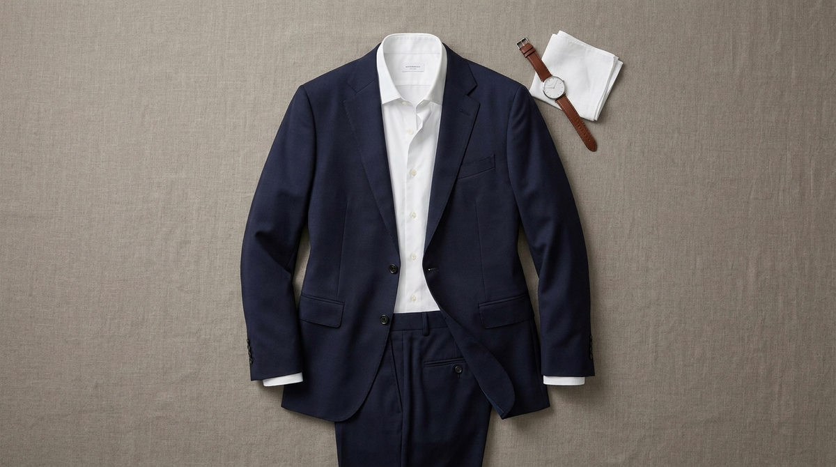 Complete navy suit flat-lay with open collar and no tie — the grey zone outfit