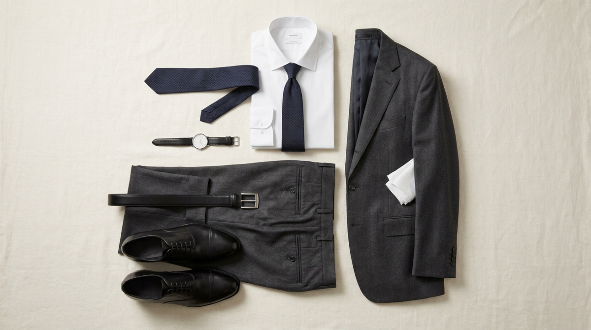 Complete business professional flat-lay: suit, shirt, tie, Oxfords, belt, pocket square