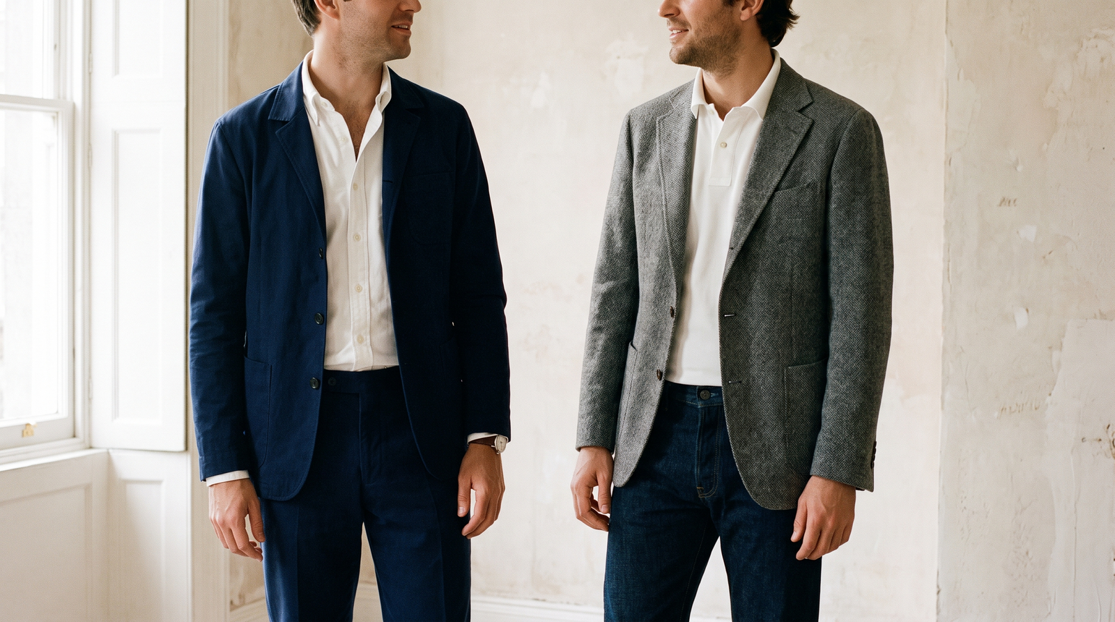 Two men in a minimalist interior — left in a matched navy jacket and trouser combination representing business casual, right in a grey sport coat with dark jeans representing smart casual