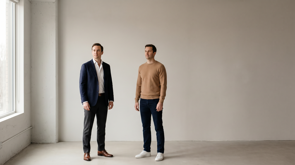 Two men in a neutral interior illustrating the formality ladder — left in a matched blazer and tailored trousers for business casual, right in a camel knit and dark jeans for smart casual