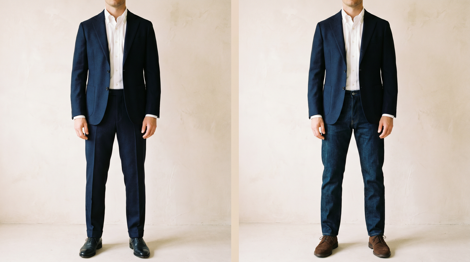 Side-by-side diptych showing a navy jacket paired with matching navy trousers on the left (business casual) versus the same jacket worn with dark denim jeans on the right (smart casual)