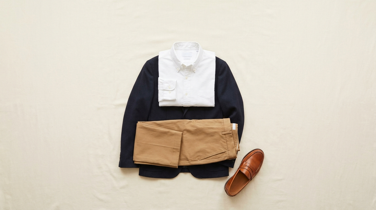Overhead flat lay of a business casual outfit — white OCBD shirt, navy blazer, camel chinos, and a tan leather loafer arranged on a pale cream linen surface