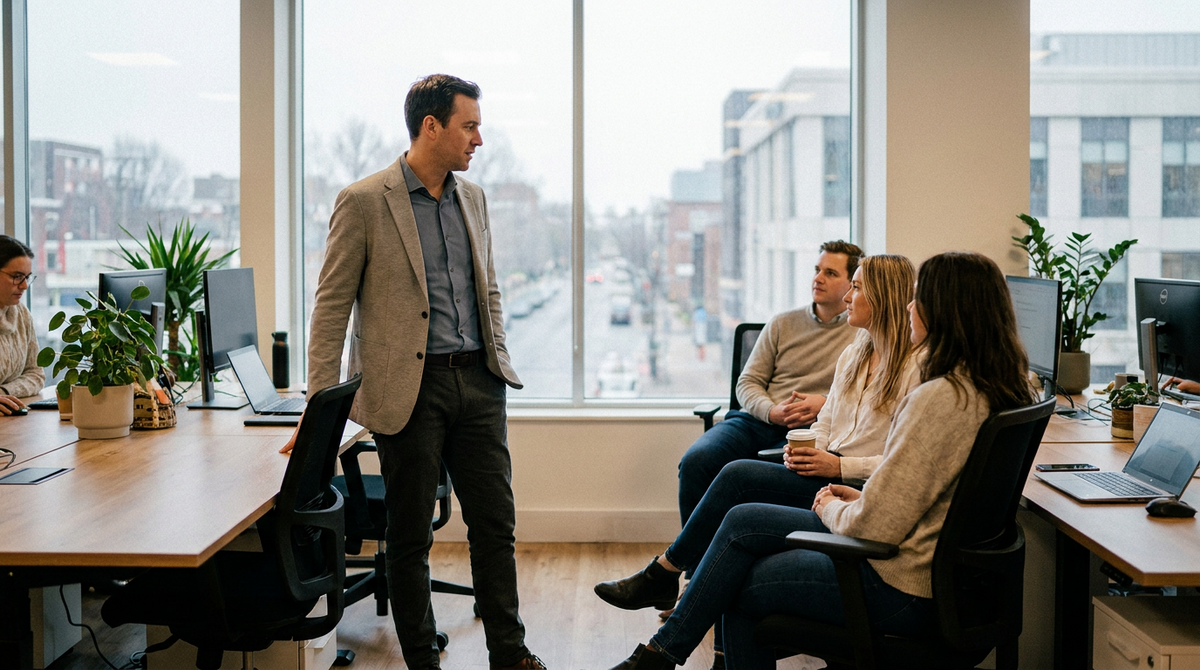 A man in a grey blazer observing colleagues in a modern open-plan office — reading the room to gauge the dress code