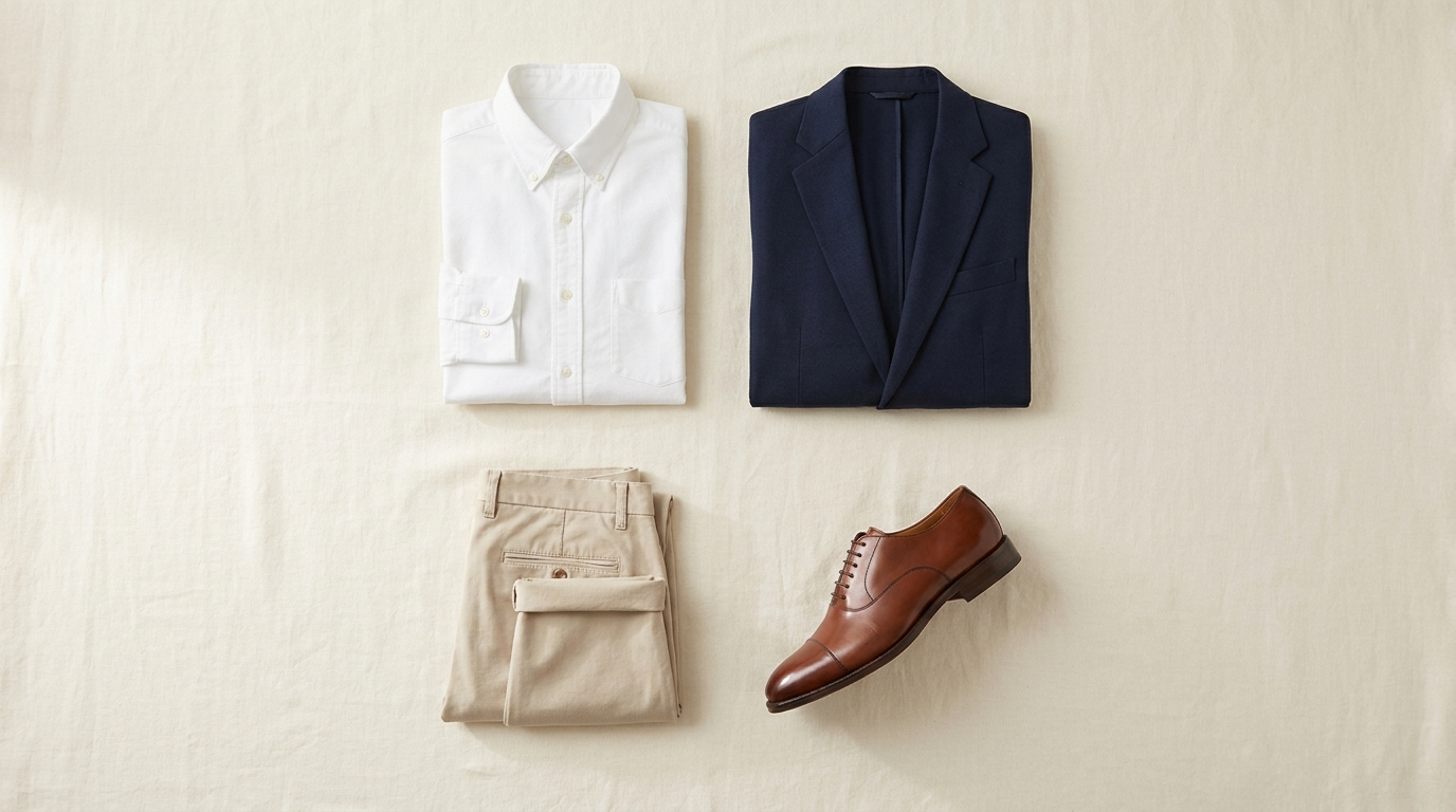 Flat lay of a white Oxford shirt, navy blazer, chinos, and leather oxford — the essential business casual wardrobe pieces
