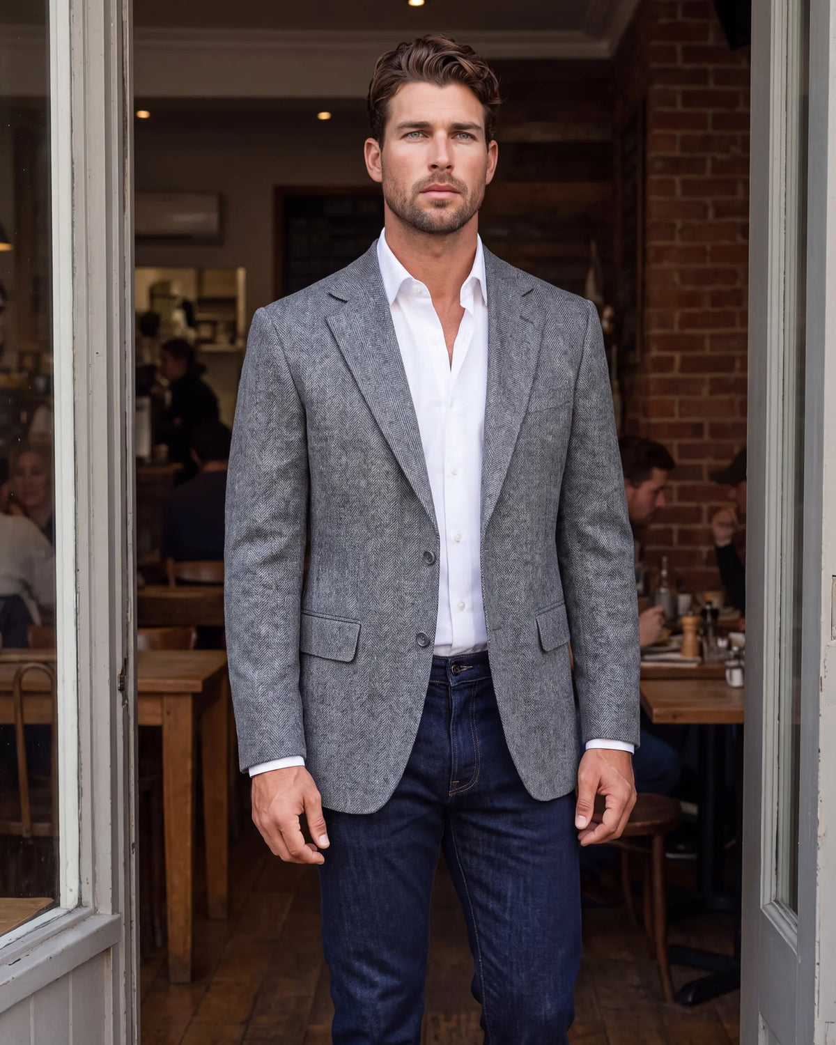Thinking of wearing a suit jacket with jeans? It works when the cloth is matte and textured, like herringbone, and not black or striped.