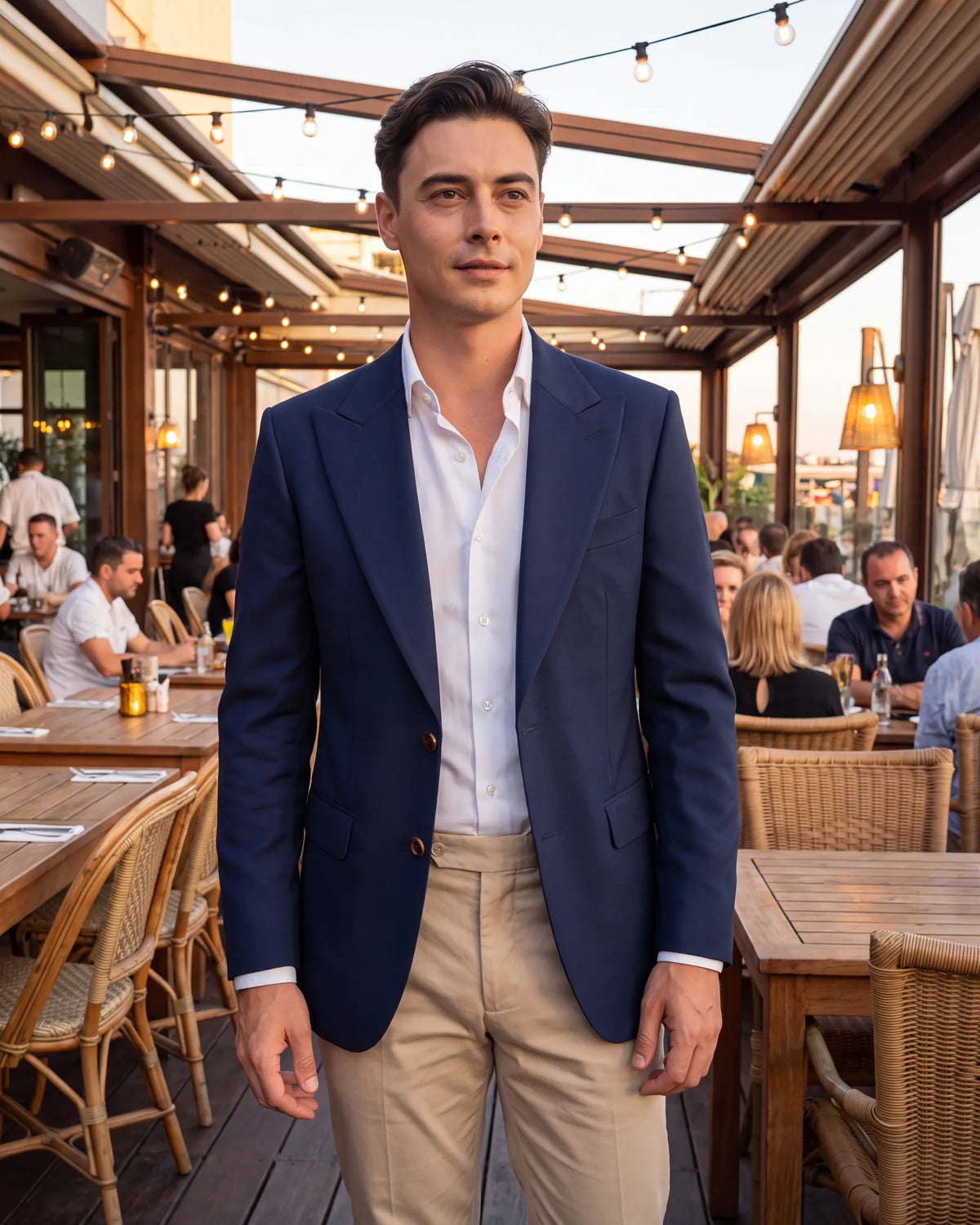 Pick trousers in another color. Part of what makes a jacket a blazer is that it is worn without a matching pair.