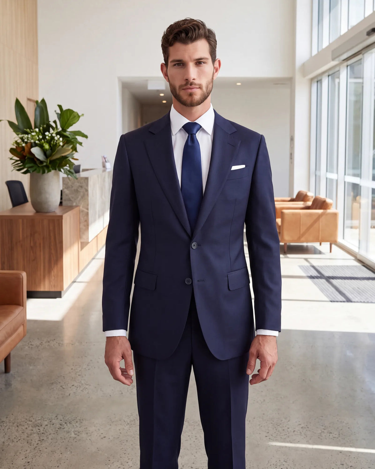 Only the full suit and tie meet a business formal dress code. The same outfit is the safe bet for most job interviews.