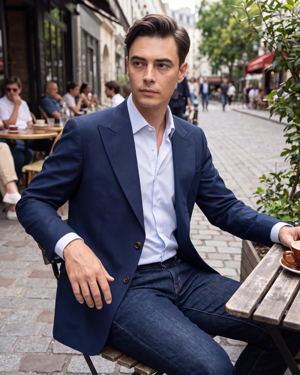 Keep a clear difference in color or texture between jacket and denim. That is how a navy blazer works with dark jeans.