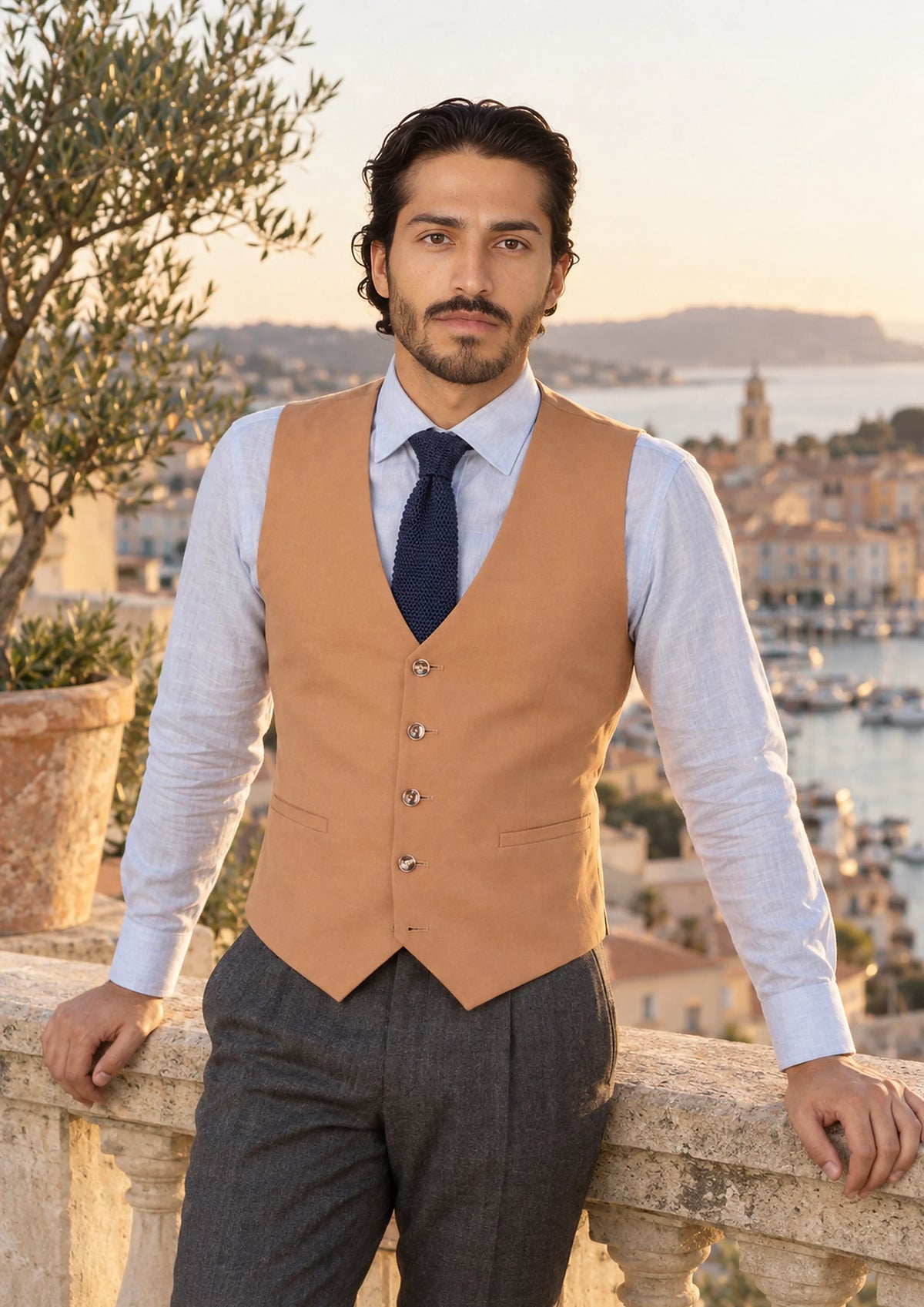 Camel Vest worn by a model, riviera rooftop604