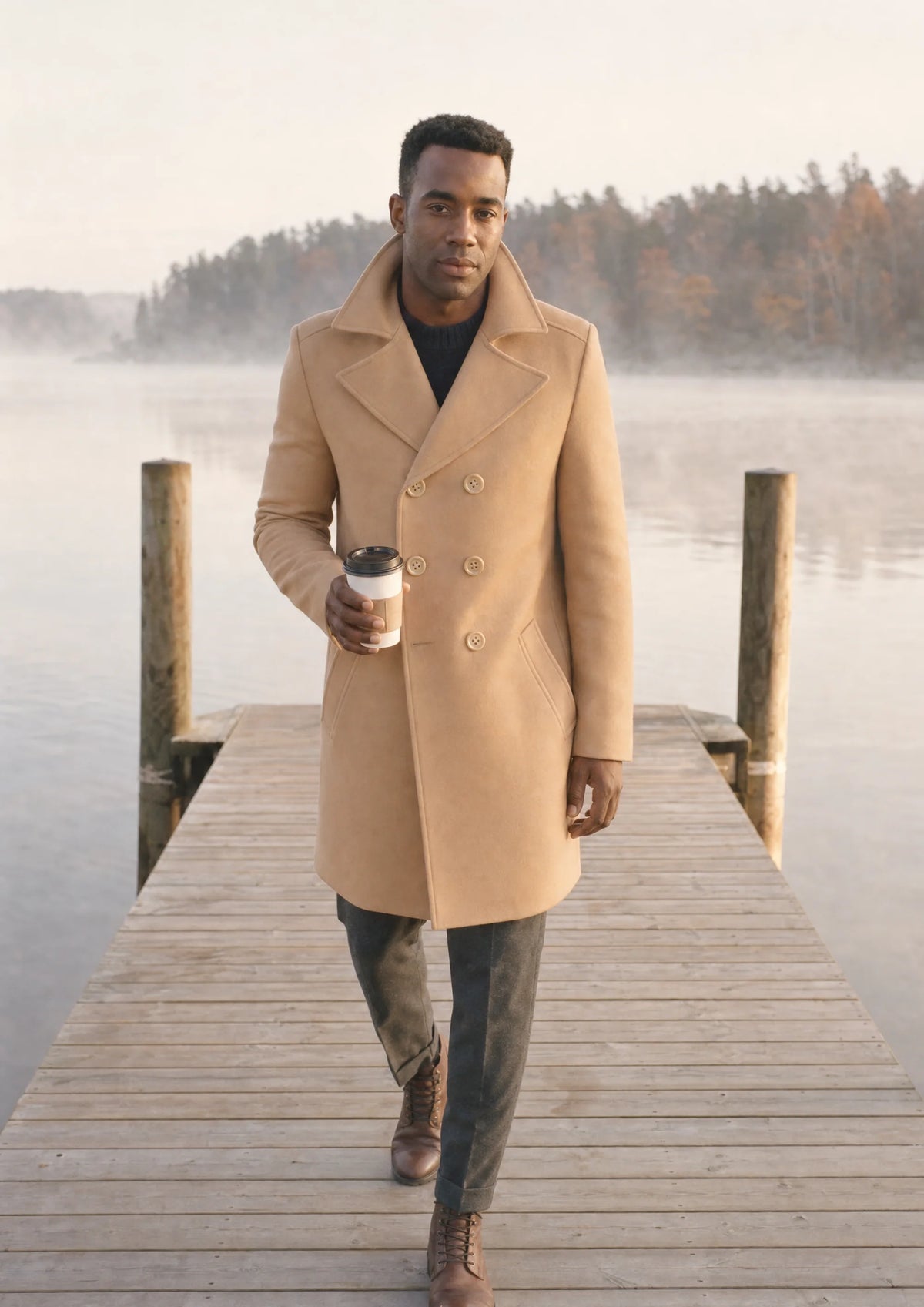 Camel Wool Peacoat worn over a casual outfit in a lifestyle setting412