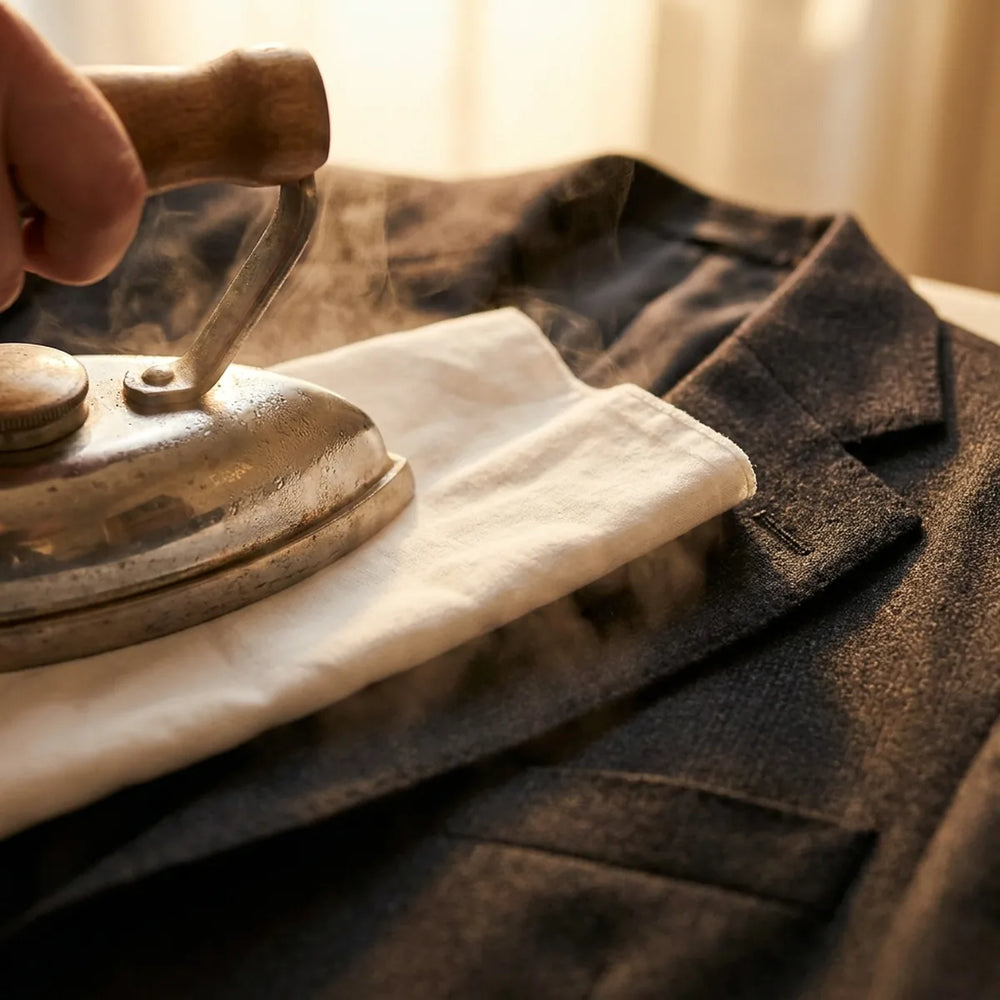 A pressing cloth over a suit jacket lapel while ironing.